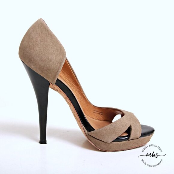 L.A.M.B. Gwen Stefani Leather Peep Toe Platform Heels in Taupe - Picture 8 of 12